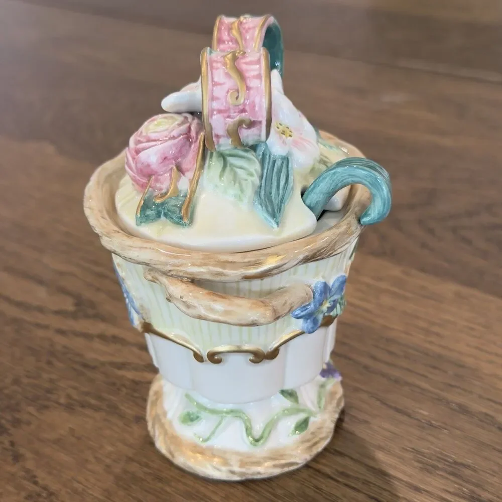 Fitz and Floyd Classics Woodland Spring Sugar Creamer Set Lid Spoon Box Vintage